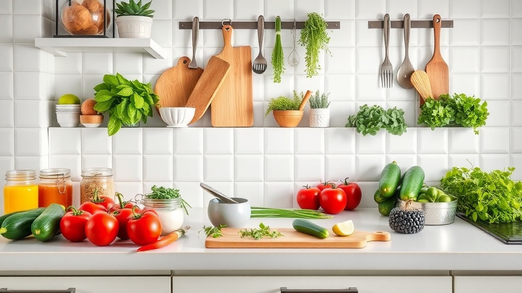 Organized kitchen countertop with fresh ingredients for food prep