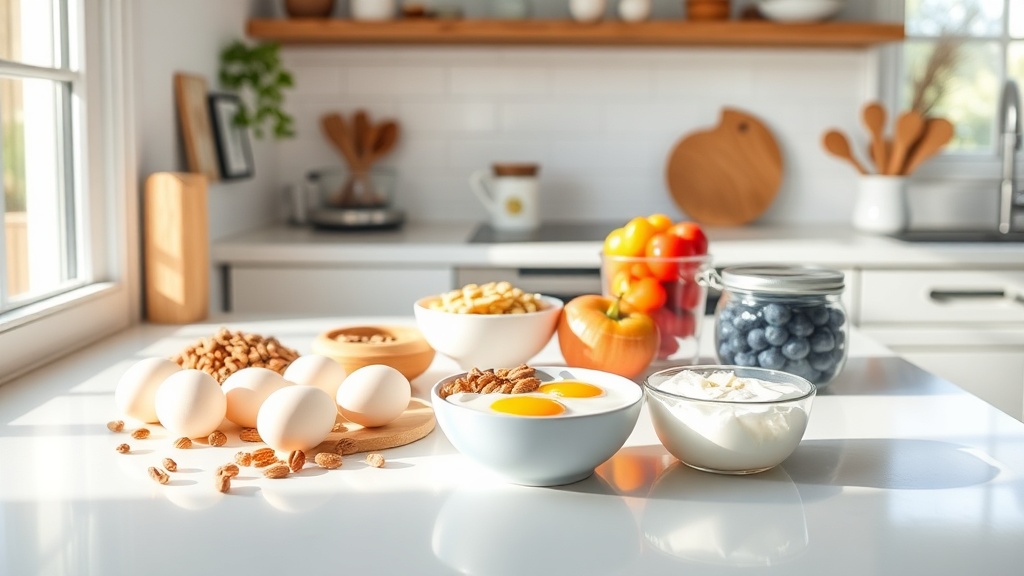 Bright kitchen countertop with high-protein breakfast ingredients