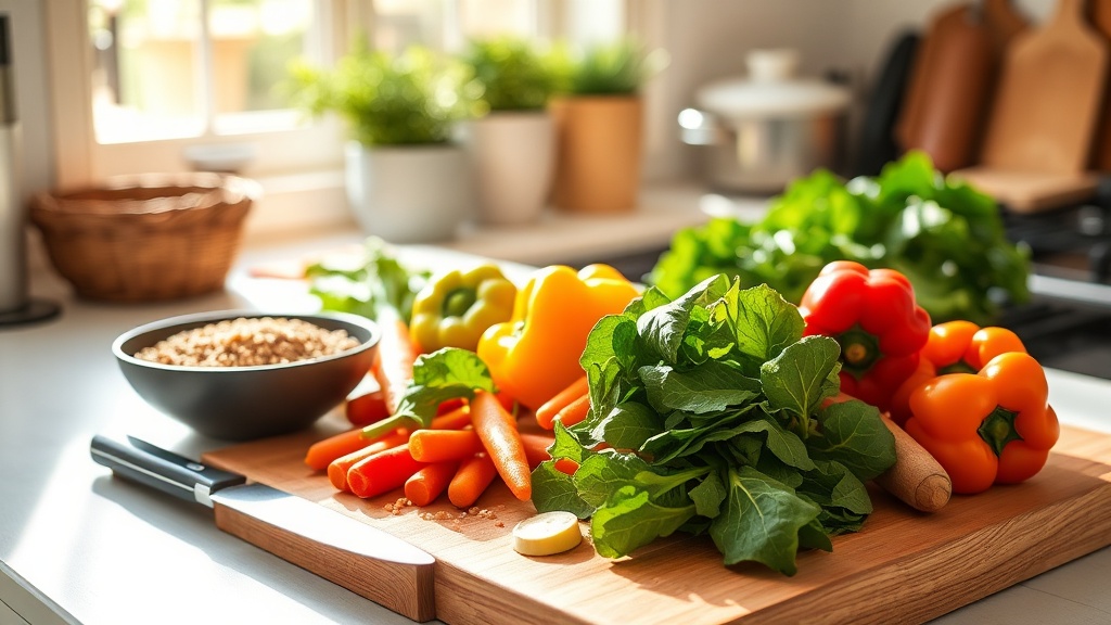 Colorful vegetables on a cutting board in a sunny kitchen