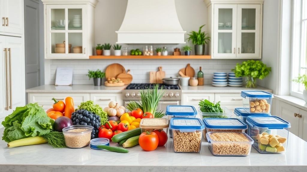 A well-organized kitchen countertop with fresh ingredients for meal prep