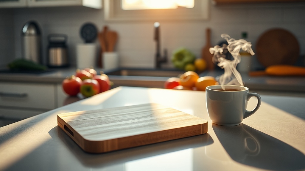 A calm kitchen with fresh ingredients and coffee, symbolizing stress-free breakfast prep.