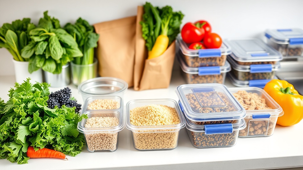 Organized kitchen countertop with fresh ingredients for meal prepping