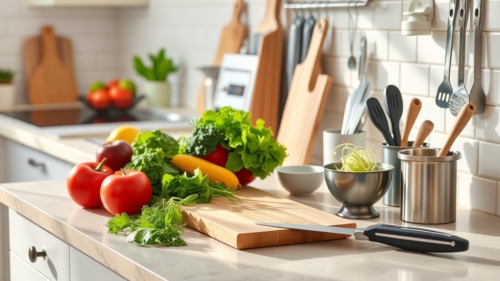 Organized kitchen countertop with fresh ingredients and tools for safe food preparation
