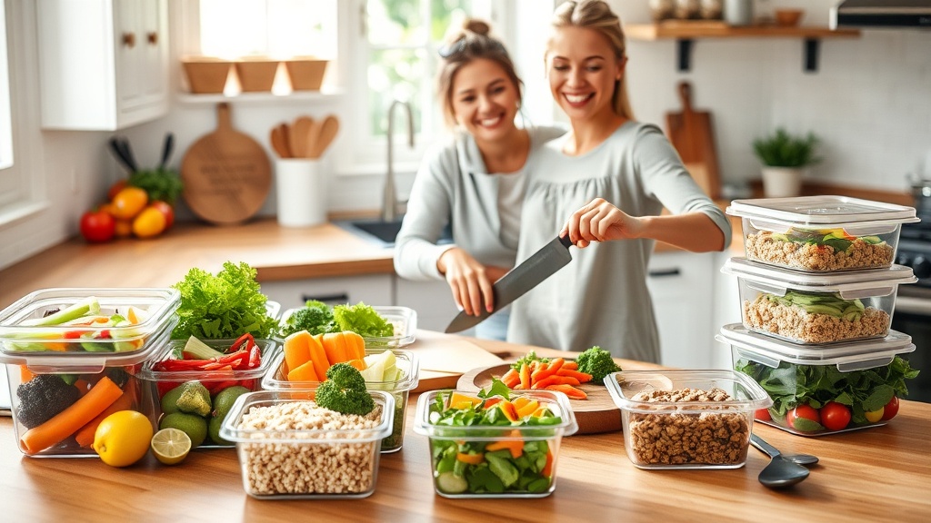 A person happily meal prepping in a bright kitchen with colorful ingredients.