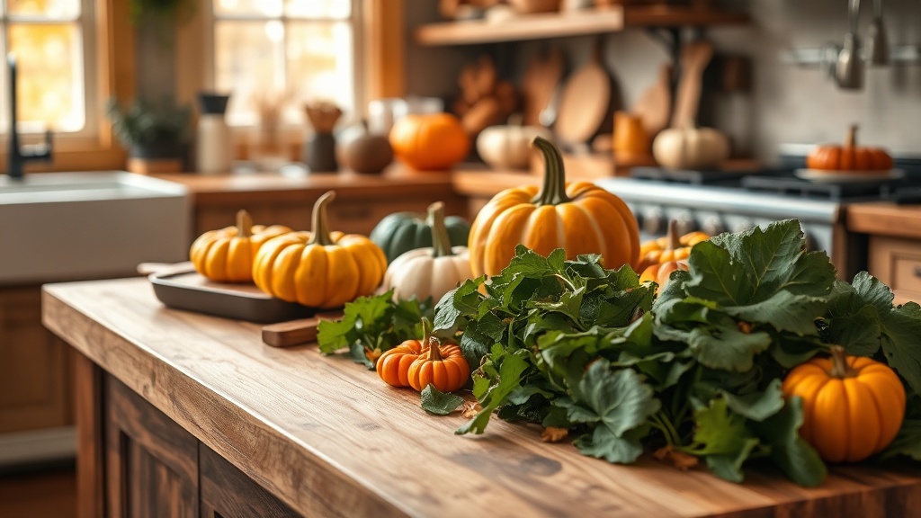 Cozy autumn kitchen with fresh vegetables on a wooden prep surface
