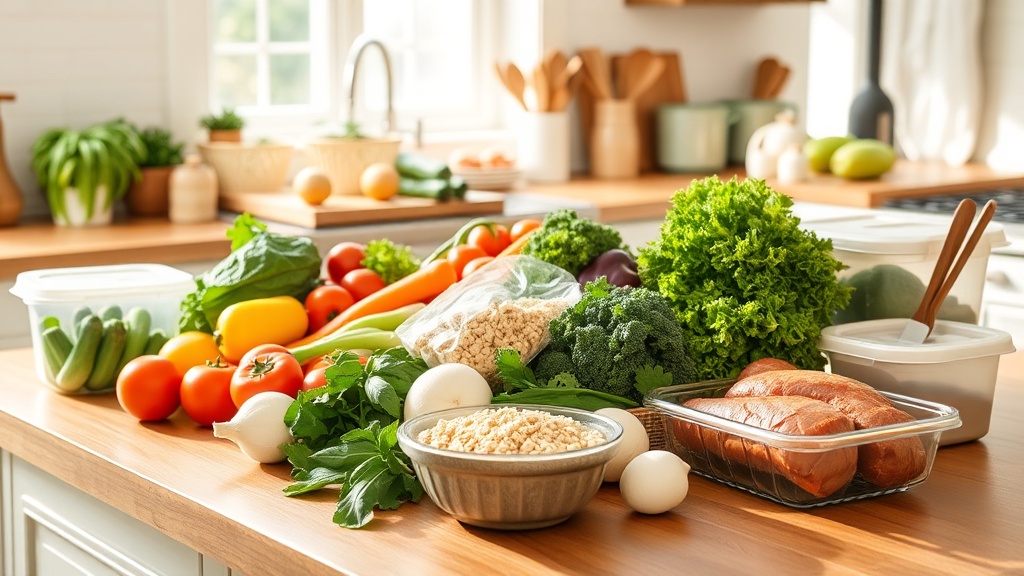 Bright kitchen with fresh ingredients and meal prep containers