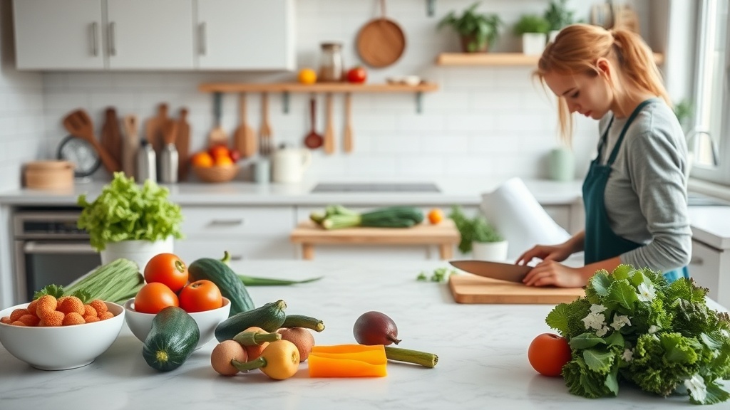 Calm kitchen scene with organized meal prep ingredients