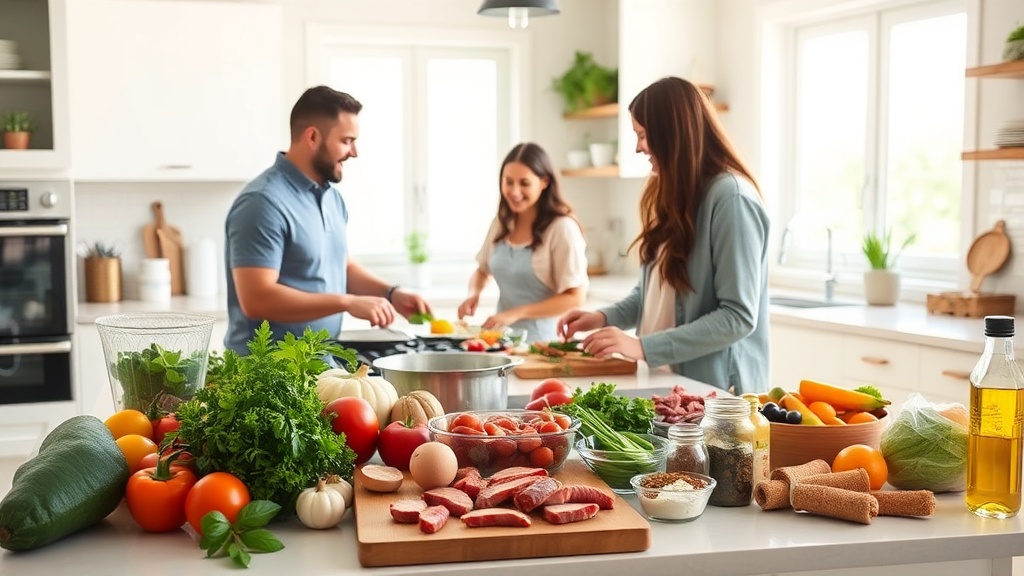 Family cooking together in a bright kitchen with fresh ingredients on a clean prep surface.