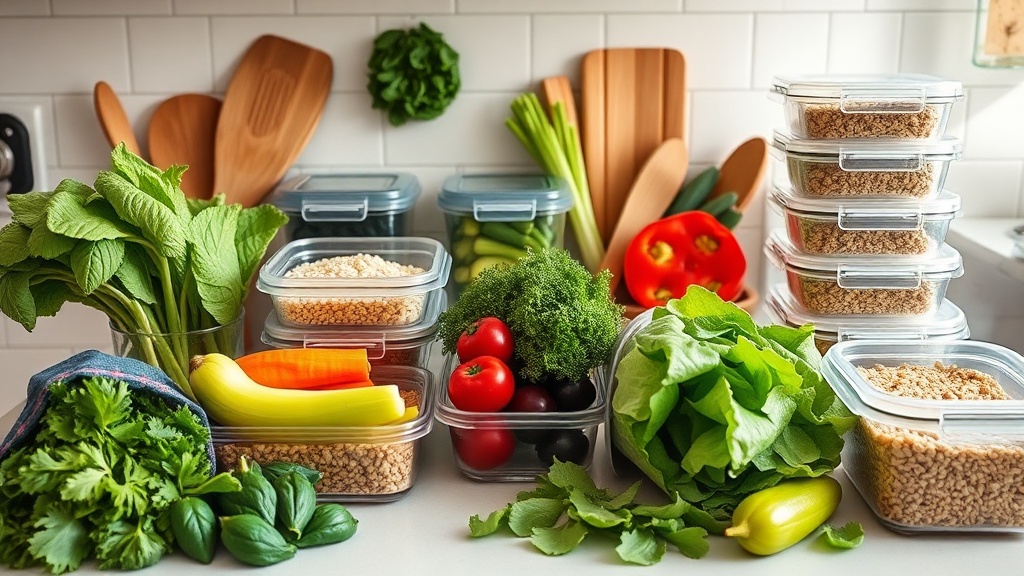 Organized kitchen countertop with fresh ingredients for meal prep