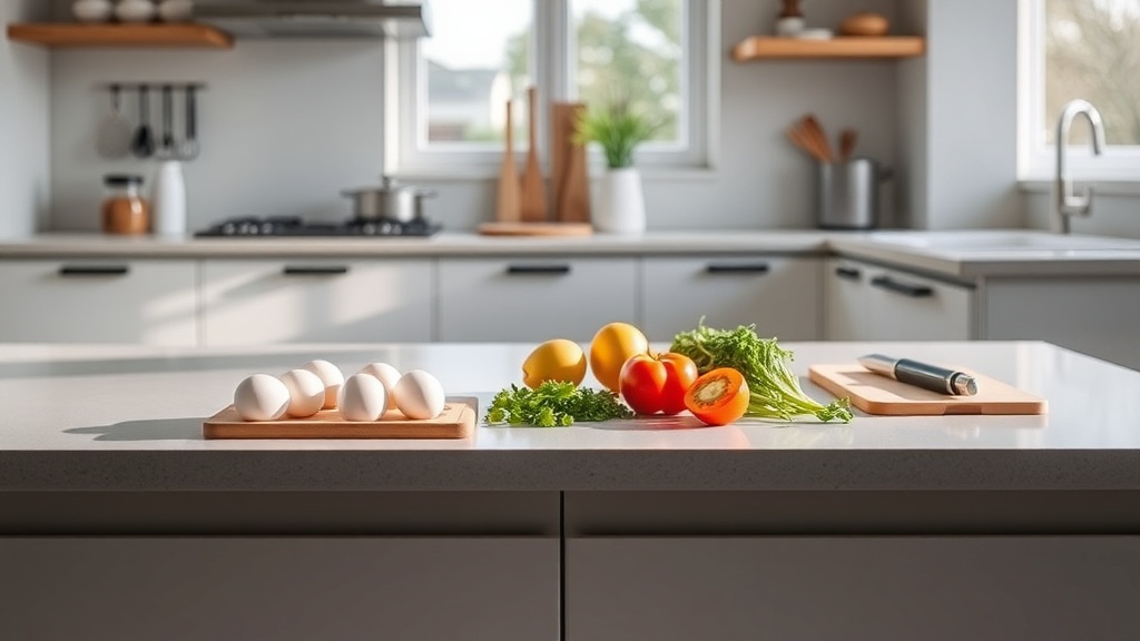 Modern kitchen with a clean prep surface and fresh breakfast ingredients