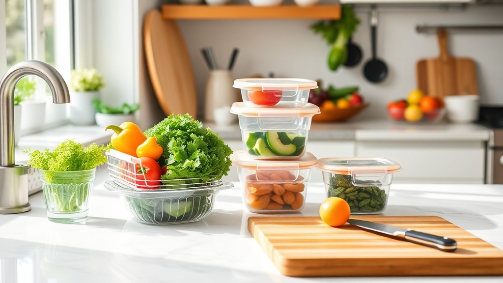 A clean kitchen countertop with fresh ingredients for meal prep