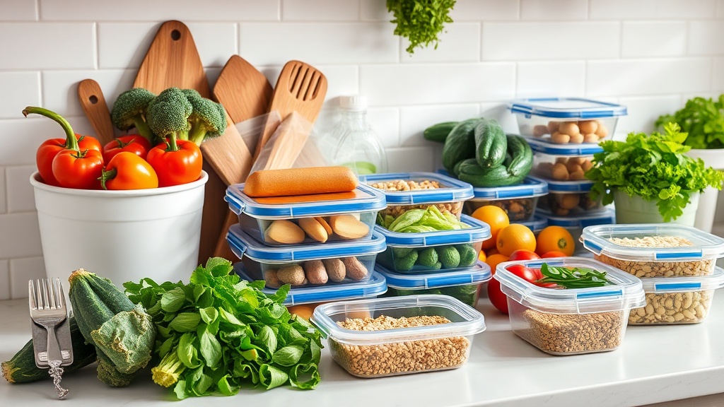 Organized kitchen countertop with fresh ingredients for vegetarian meal prep
