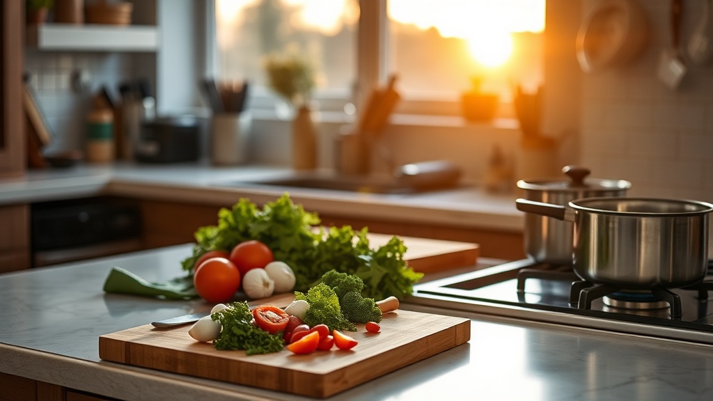 Cozy kitchen with organized prep surface and fresh ingredients