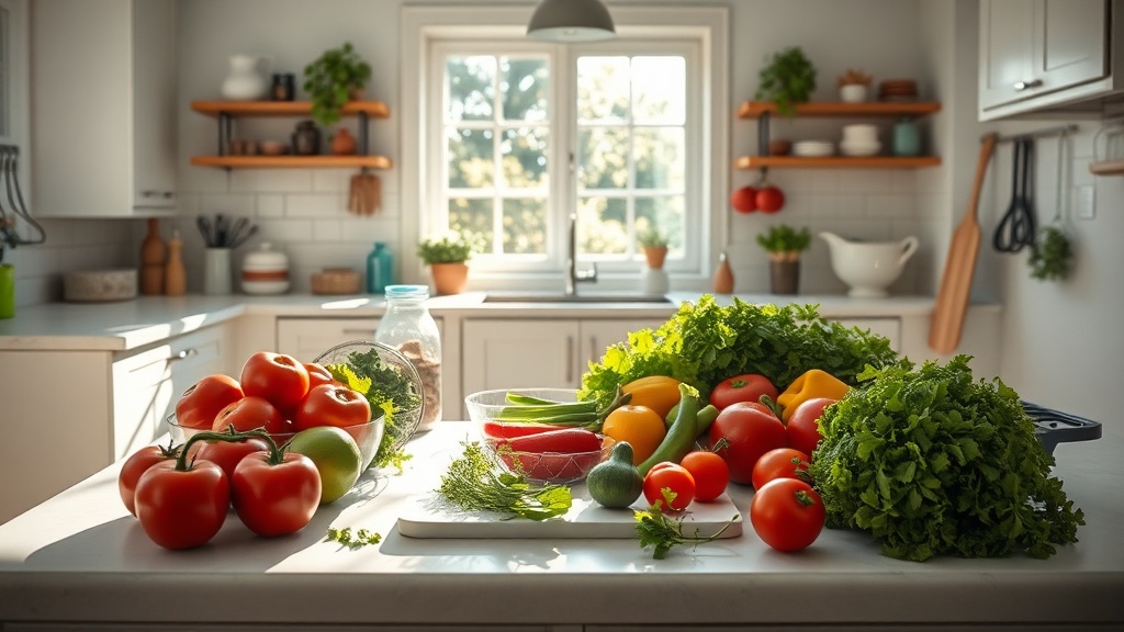 Bright kitchen with fresh ingredients on a clean prep surface
