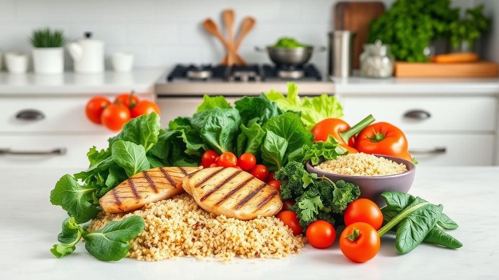 Colorful ingredients for a high-protein lunch on a clean kitchen countertop