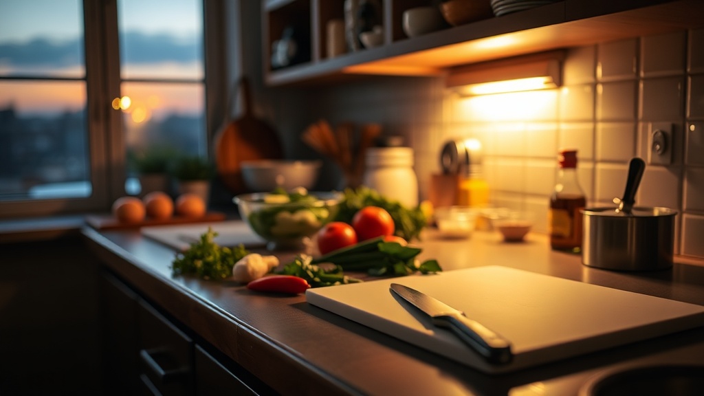 A clean and organized kitchen prep surface with fresh ingredients