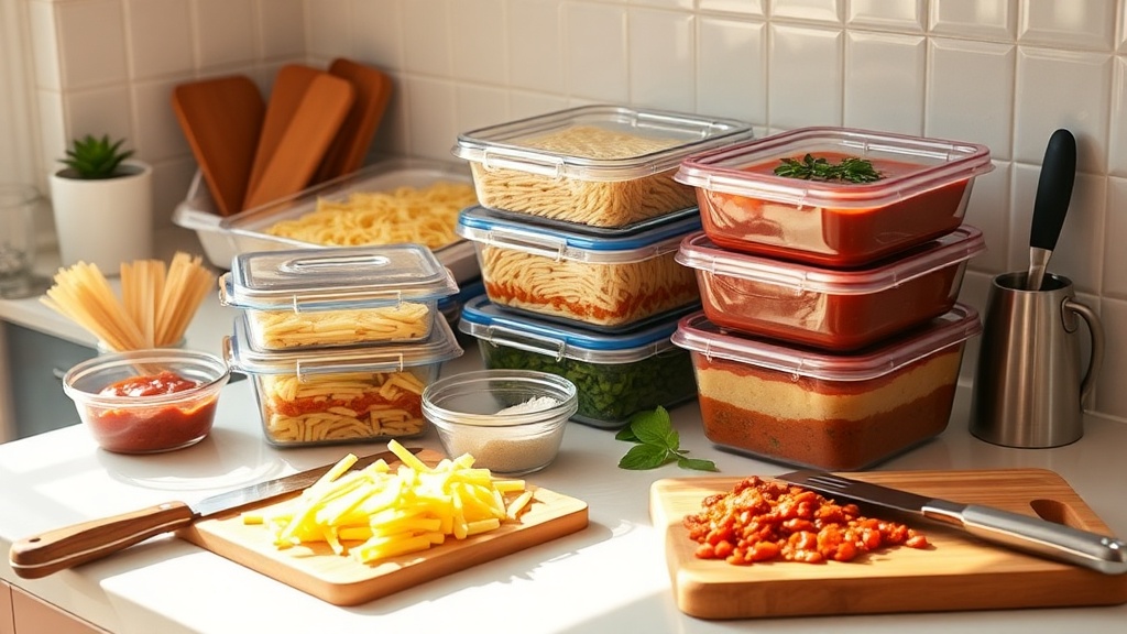 Organized kitchen countertop with lasagna ingredients