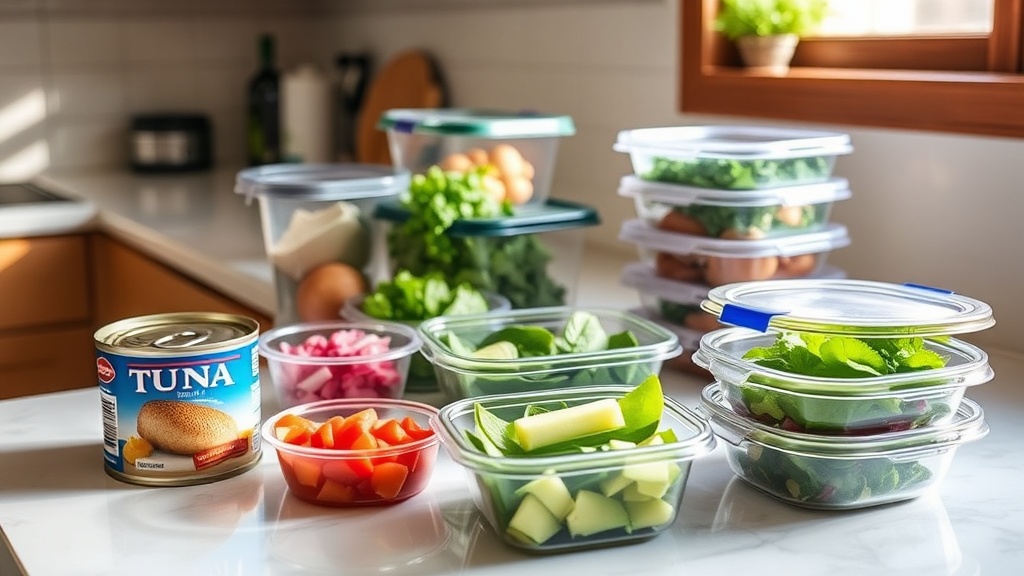 Organized kitchen countertop with tuna and fresh vegetables for meal prepping