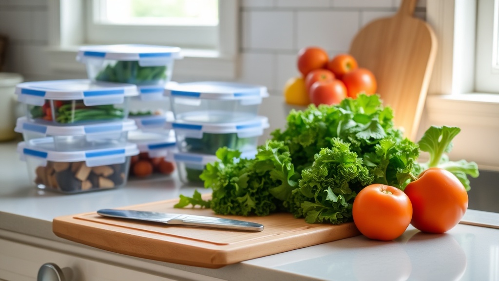 Organized kitchen countertop with meal prep tools and fresh ingredients
