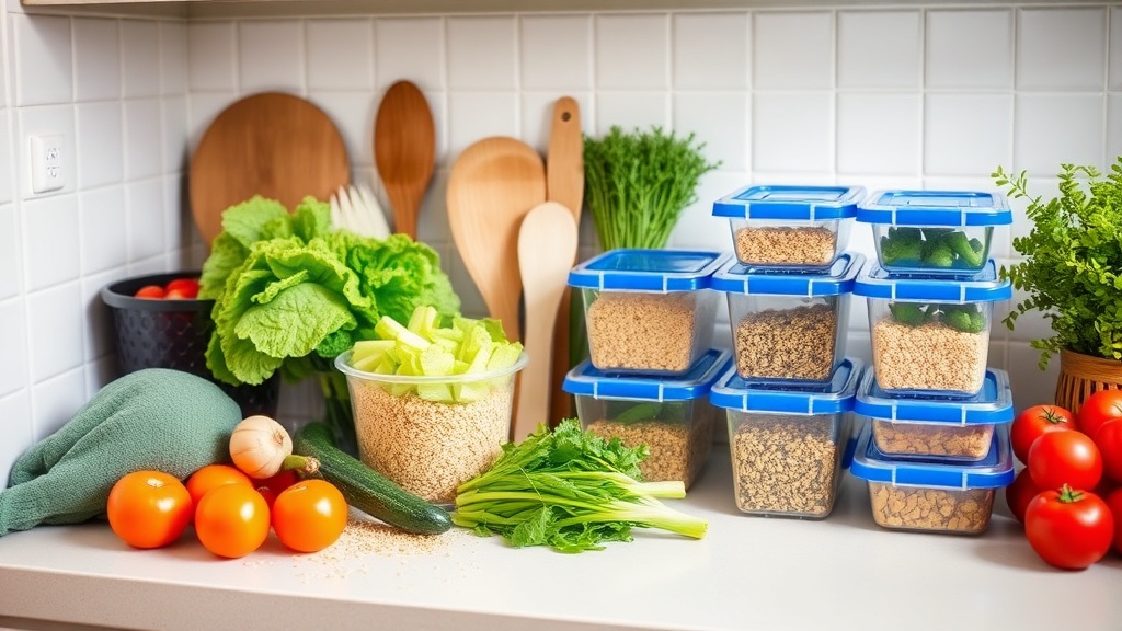 Organized kitchen countertop with fresh ingredients for meal prep