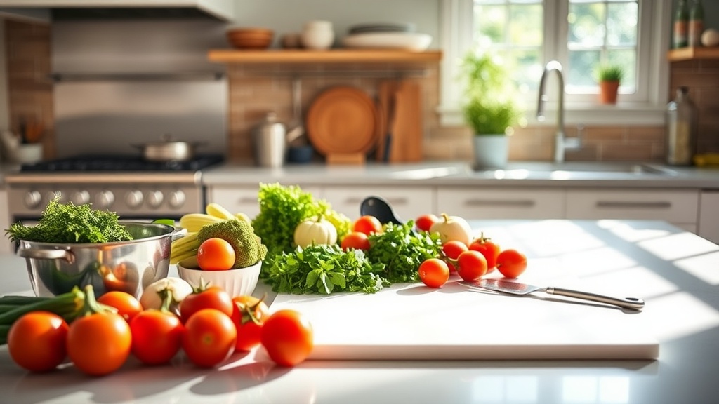 Modern kitchen prep area with fresh ingredients