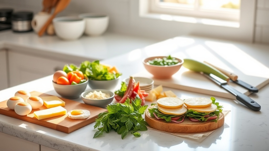 Organized kitchen countertop with breakfast sandwich ingredients