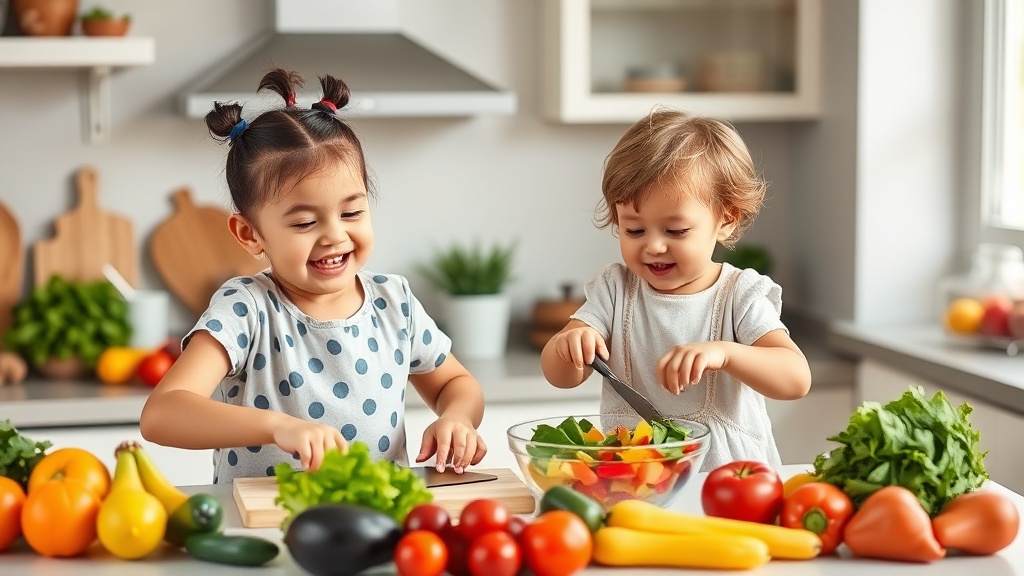 Parent and toddler cooking together in a bright kitchen