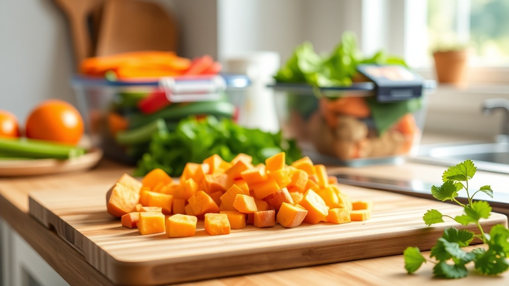 Freshly chopped sweet potatoes and vegetables on a cutting board in a bright kitchen