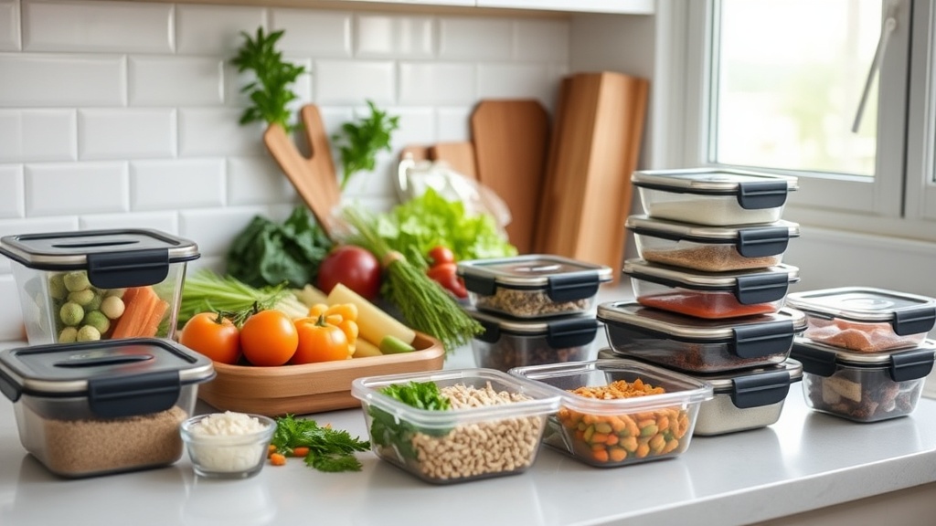 Organized kitchen countertop with fresh ingredients for meal prep