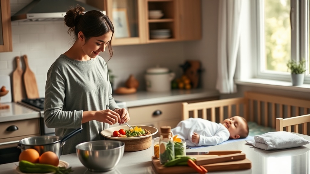 New parent cooking in a serene kitchen with a sleeping baby nearby