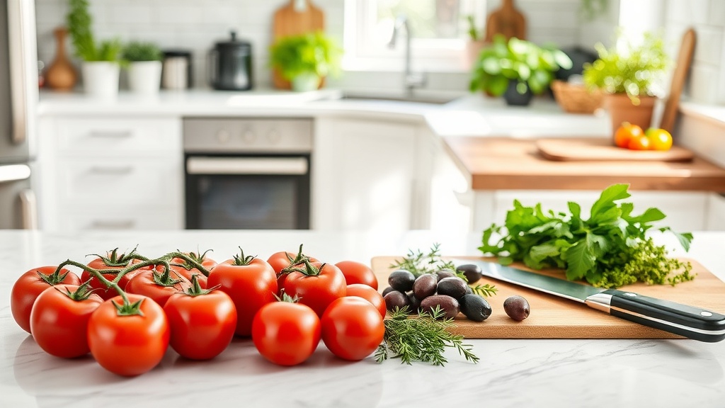 Modern kitchen with Mediterranean ingredients for meal prep