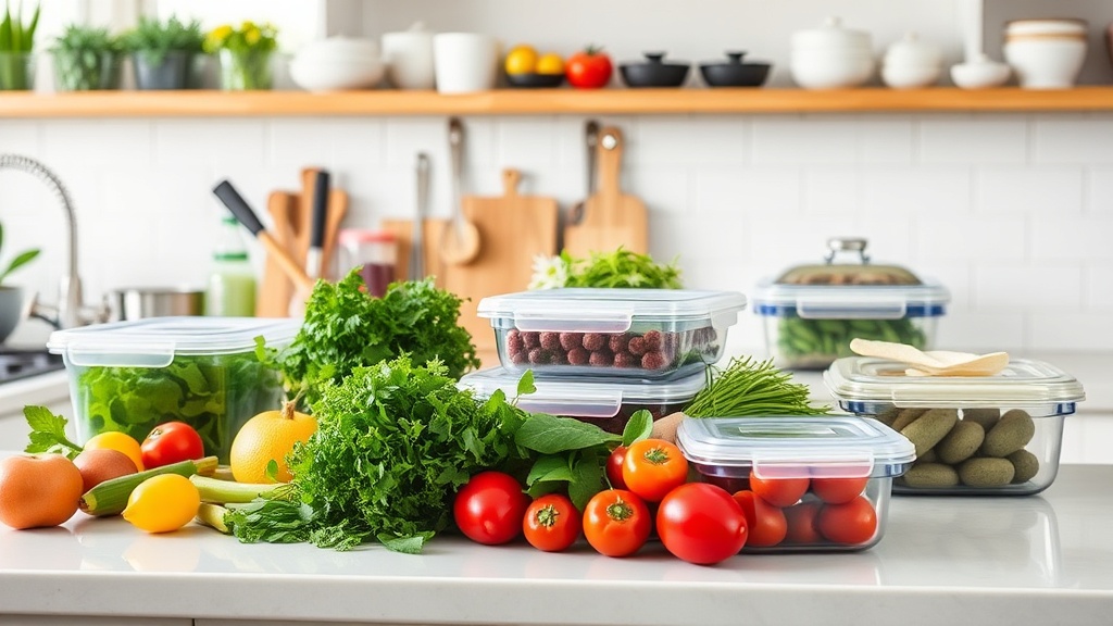 Organized kitchen countertop with fresh ingredients for meal prep
