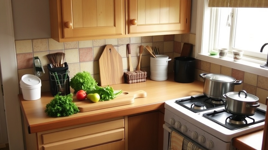 A small, organized kitchen with fresh ingredients on the countertop