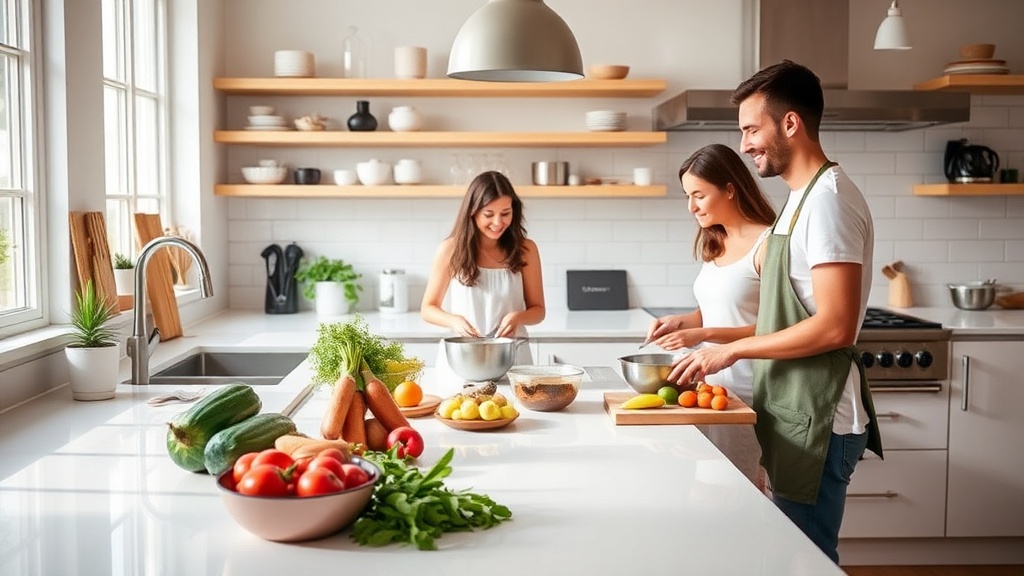 Family cooking together in a bright kitchen with fresh ingredients