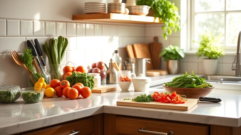 Organized kitchen countertop with fresh ingredients for meal prep