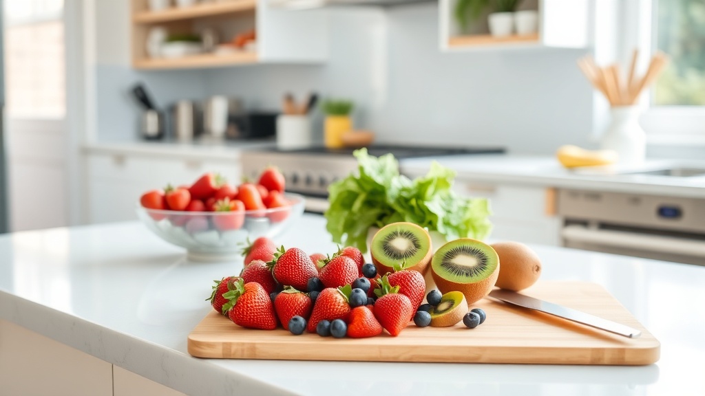 A modern kitchen countertop with fresh fruits and a cutting board