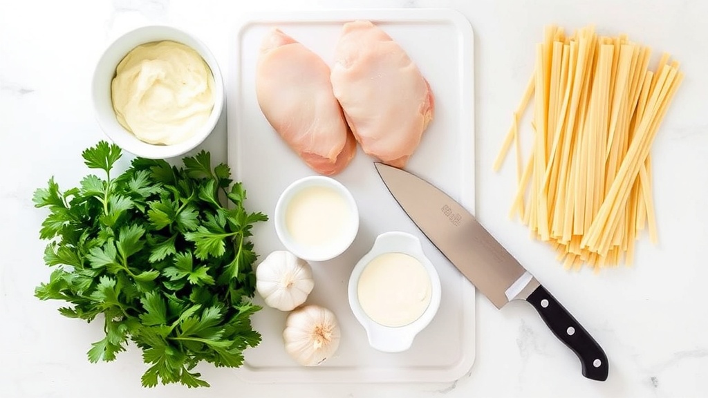 Organized kitchen countertop with ingredients for Chicken Alfredo
