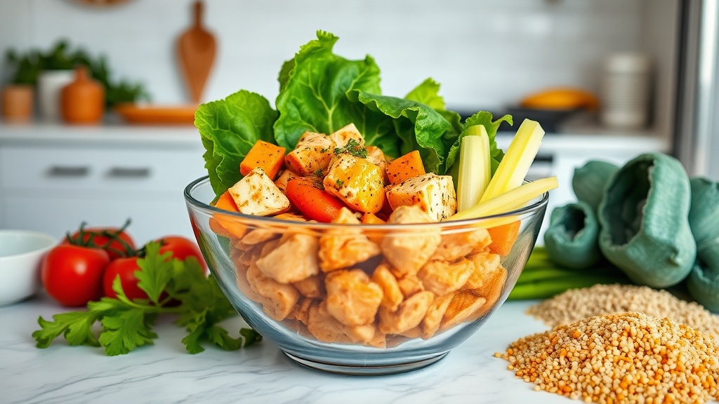 Buffalo chicken meal prep bowl with fresh ingredients on a kitchen countertop