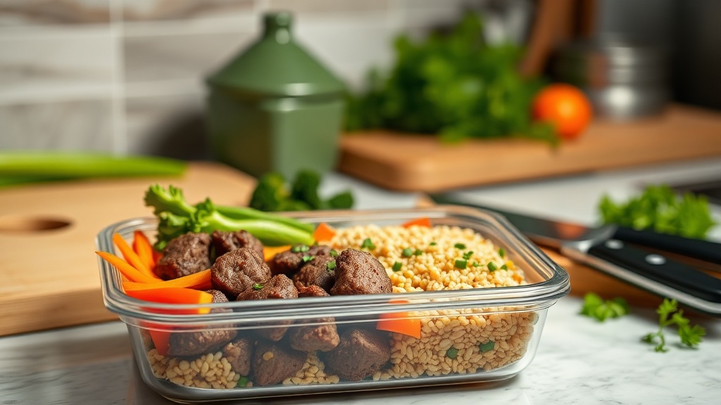 Meal prep container with steak bites and vegetables on a kitchen countertop