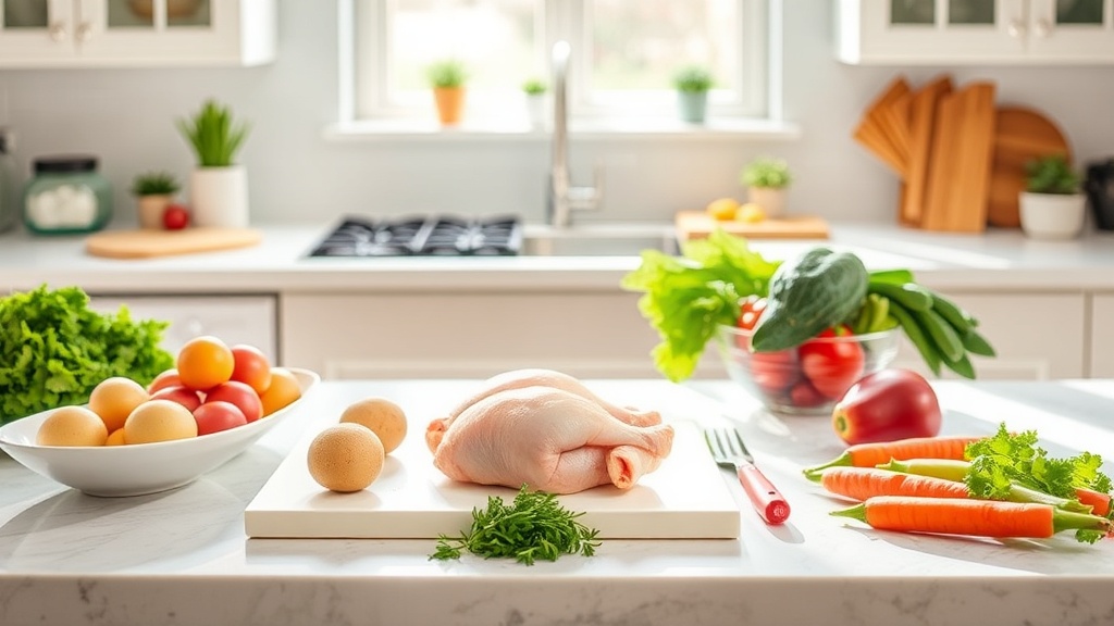 Organized kitchen prep surface with fresh ingredients for meal prep