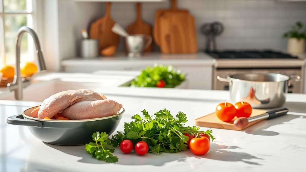 A well-organized kitchen prep area with fresh ingredients for quick chicken lunches.