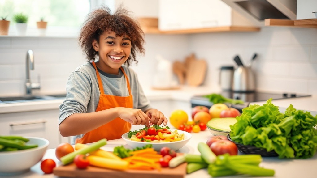 Teenager happily preparing a colorful meal in a modern kitchen