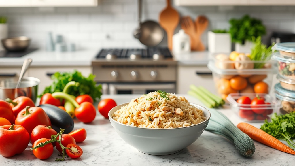 A kitchen countertop with chicken fried rice and fresh ingredients for meal prep
