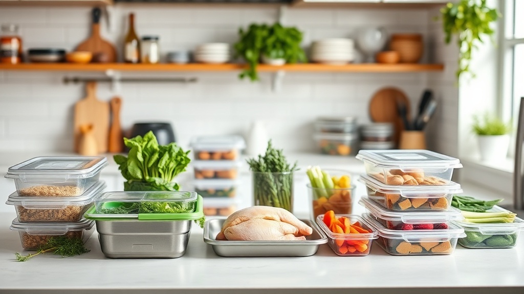Organized kitchen countertop with fresh meal prep ingredients