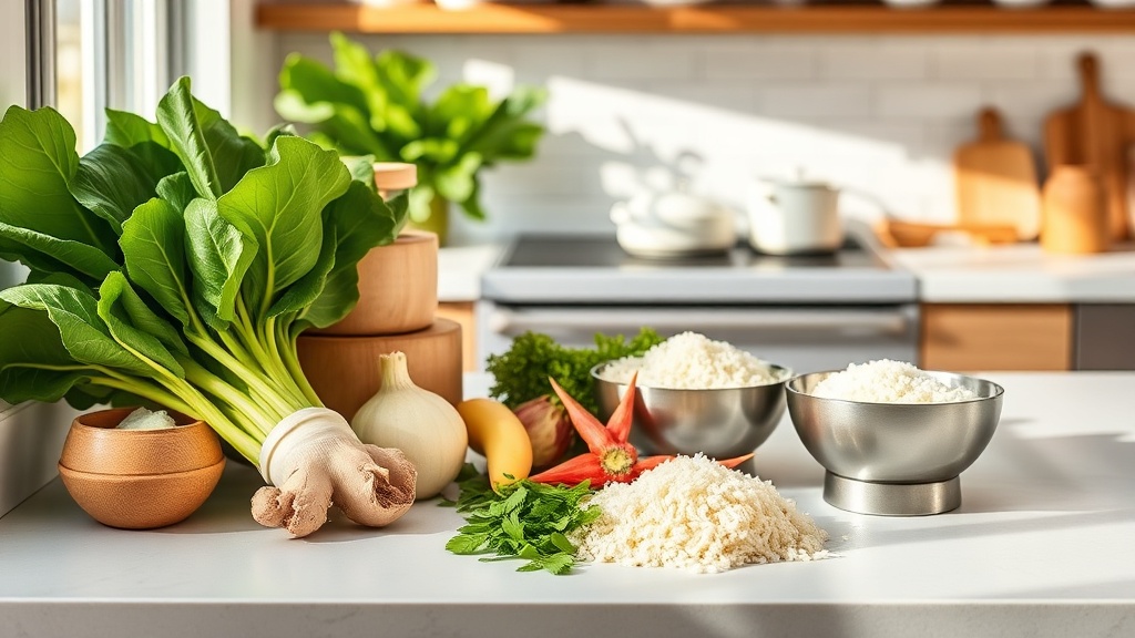 A bright kitchen with fresh Asian ingredients on a clean prep surface