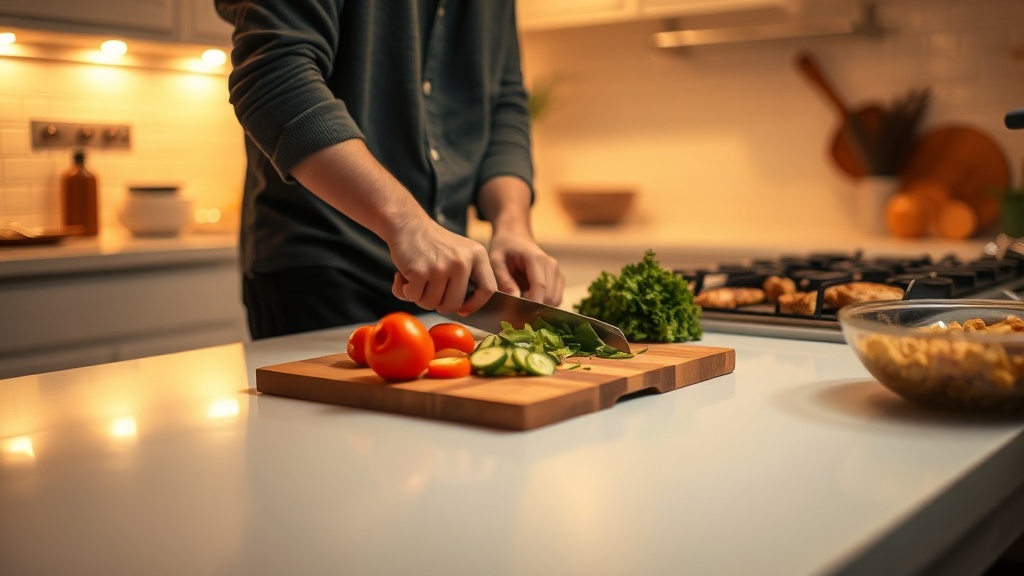 A person preparing vegetables in a cozy kitchen