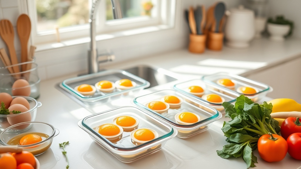 Organized kitchen countertop with egg meal prep dishes and fresh ingredients