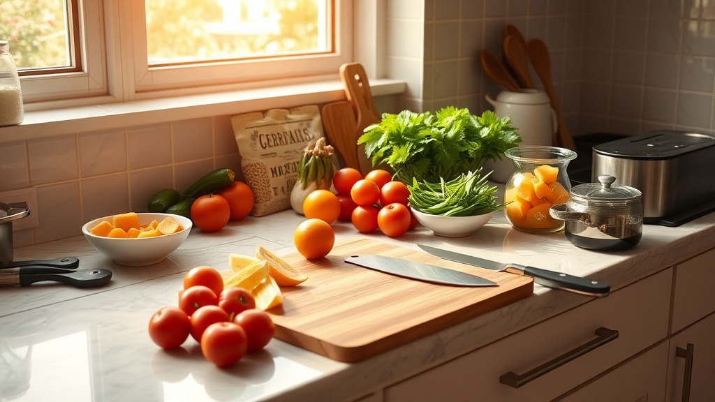 Organized kitchen countertop with fresh ingredients and meal prep tools