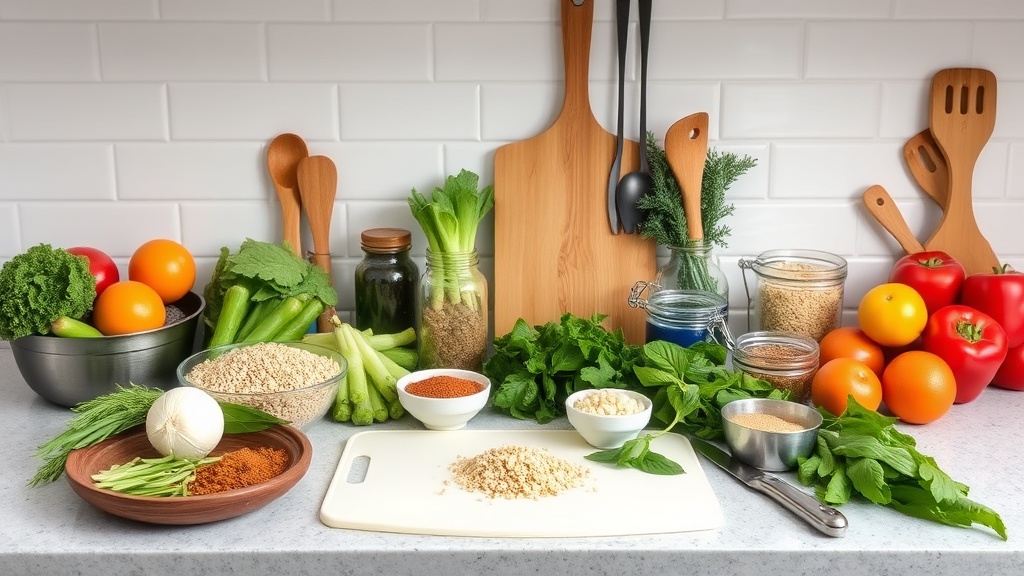 Organized kitchen countertop with gluten-free ingredients for meal prep