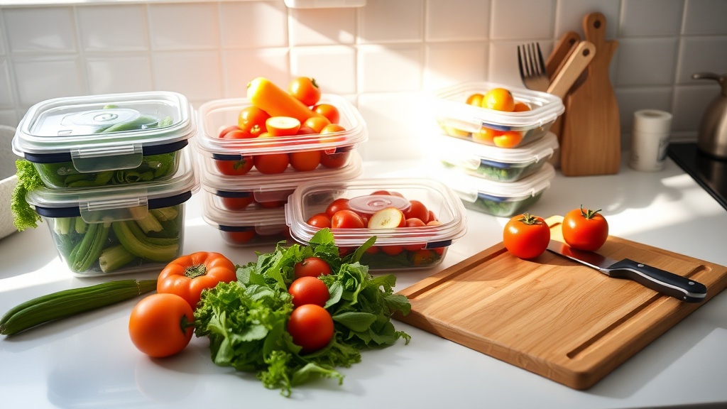 Organized kitchen countertop for meal prepping with fresh ingredients